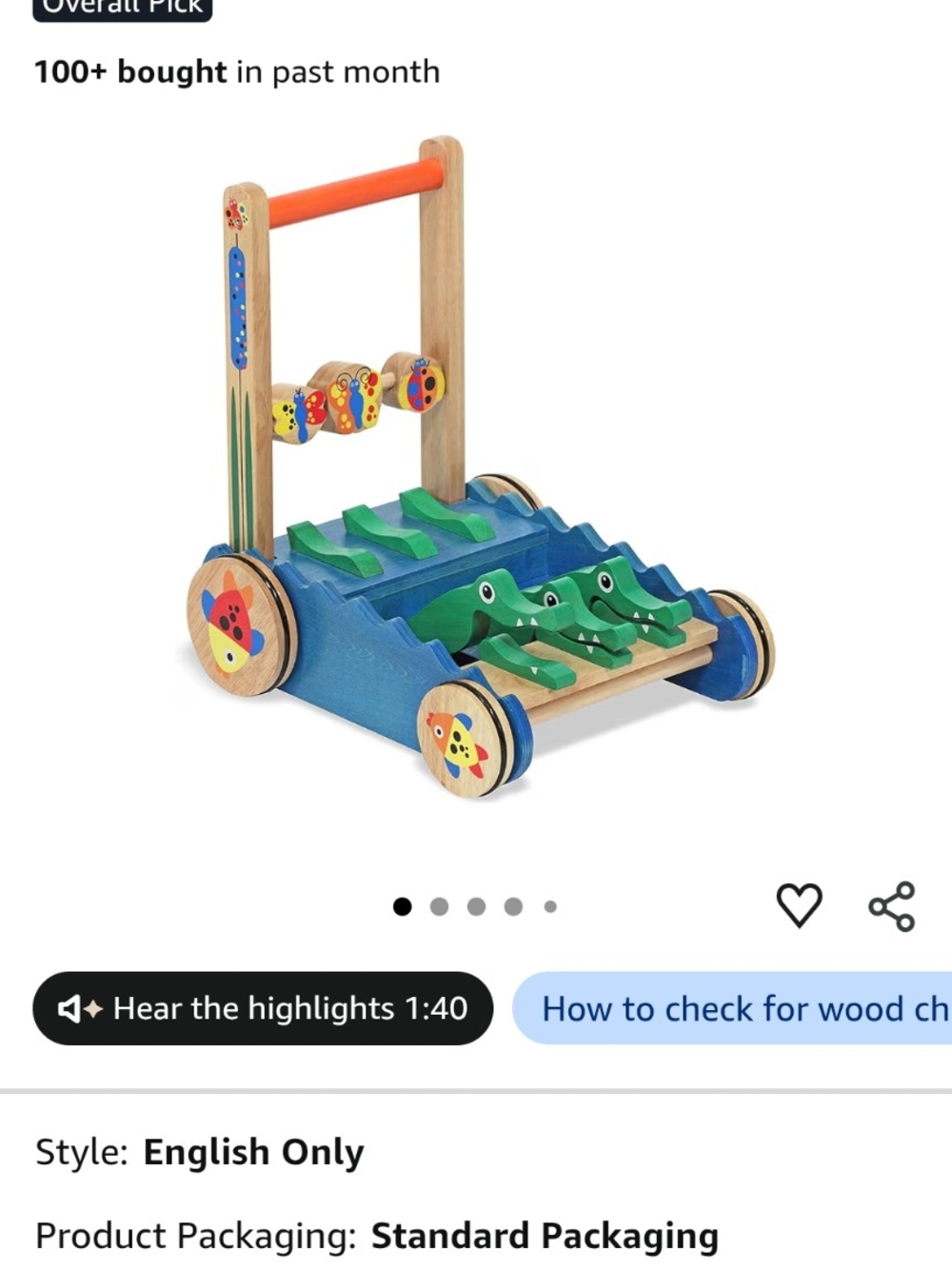 Melissa and Doug Chomp and Clack Wooden Push Walker with Green Crocodiles - Picture 5 of 5